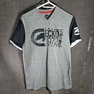 Ecko Unltd Rhino Logo V-Neck Heather Grey Black & White Graphic Tee VG M